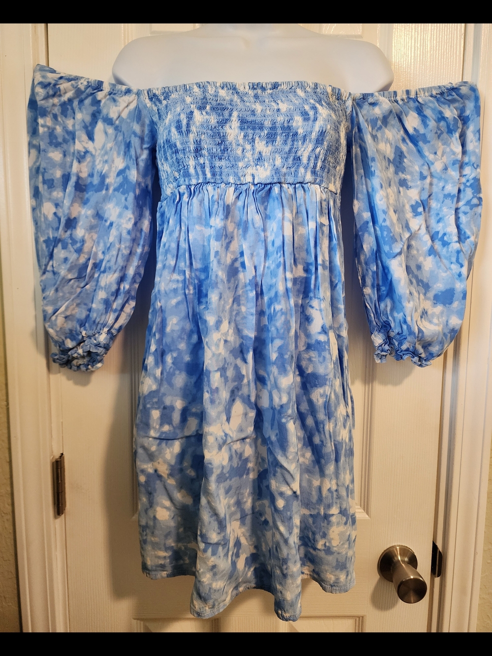 Faithfull the Brand Womens Blue and White Off-Shoulder Tie-Dye Dress